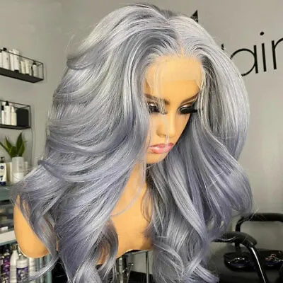 Silver Grey Lace Front Wigs  Body Wave Wig Dark Gray Long Wavy Synthetic Hair US • $36.09