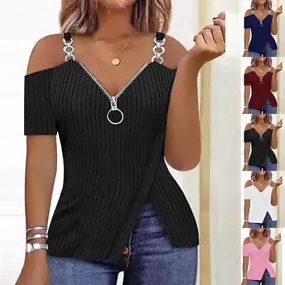 Womens Cold Shoulder Blouse Tops Tunic Ladies Zipper Up Pullover Shirt Casual • £10.89