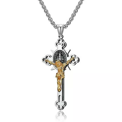 Mens Catholic Jesus Crucifix Cross Pendant Necklace St Benedict Stainless Steel • $12.99