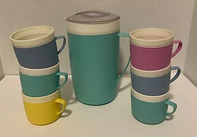 Vintage Bolero Therm-O-Ware Aqua Pitcher 6 Plastic Cups Blue Purple Yellow 1950s • $32.99