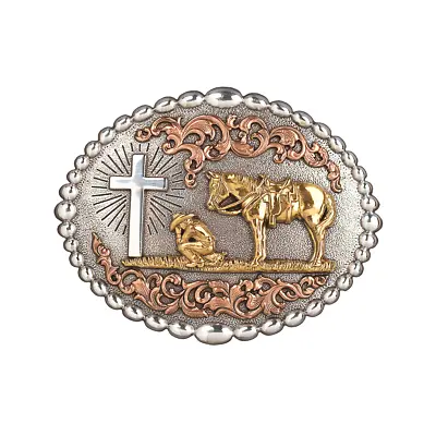 New! Men's Silver Copper Gold PRAYING COWBOY BELT BUCKLE W/ Beaded Edge Western • $35