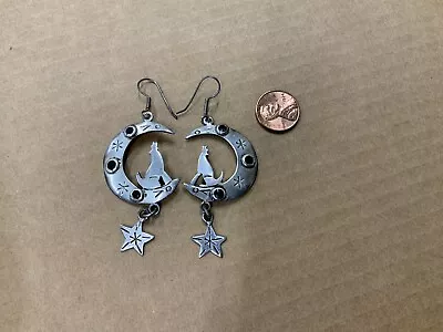 Vintage Sterling Mexico Silver Earrings Cut Out Howling Wolf Black Onyx On Moon • $19.99