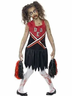 Halloween Fancy Dress Girls Zombie Cheerleader Costume Complete Outfit Red/Black • £12.73