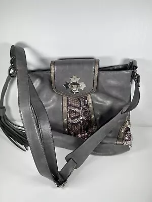 Miss Me Womens Crossbody Bag Purse Gray Silver Tassel Stud Faux Leather • $17.99