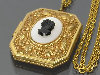 Black Cameo MOP Relief Decorated Gold Locket & Chain Necklace Vintage • $15