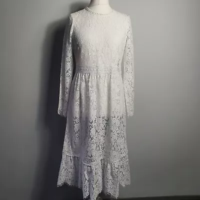 M&S COLLECTION Maxi MIdi Lace Boho Dress Prairie Smock Tiered White Size 12 NWT • £38.99
