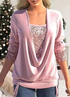 Womens Tunic Tops Ladies Long Sleeve Sequins Shirts Blouse Plus Size Summer Tee • $19.78