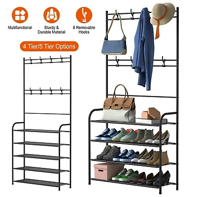 $24.94 • Buy Coat Rack Stand Hall Tree Shelf With 8 Hooks Shoe Bench Clothes Hanger Organizer