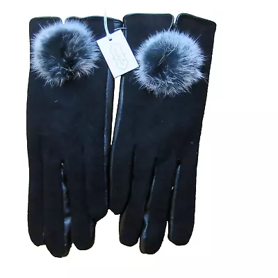 NWT Mud Pie Women's Wool Blend Mixed Media Black Pom Pom Gloves OS B2 • $12.99