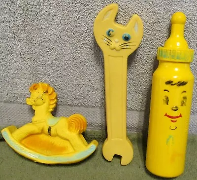 Vtg Alan Jay Rocking Horse/Irwin Baby Bottle/First Years Cat Wrench Squeaker Toy • $5