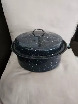 Enamelware Blue And White Speckled Farmhouse Stock Sauce Pot Vintage Cookware • $25