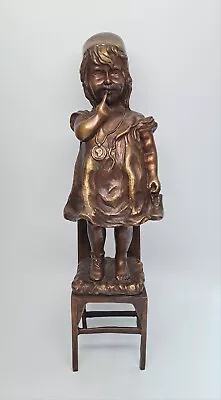 VTG Bronze Sculpture Statue A. Moreau Repro Little Girl Standing On Chair 17  • $450