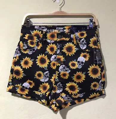 Hot Topic Sz 5 Black Stretch Button Fly Sunflower Skulls Shorts High Rise  • $27.92