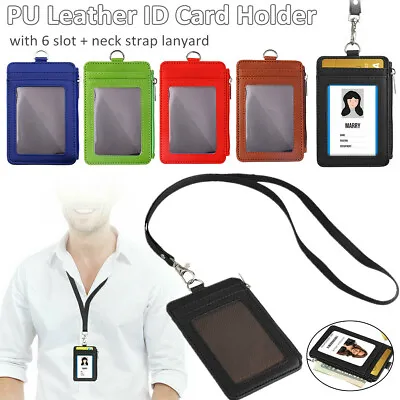 $7.52 • Buy Vertical Leather ID Card Holder Badge Wallet Pocket W/6 Slot Neck Strap Lanyard
