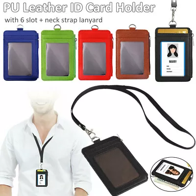 Vertical Leather ID Card Holder Badge Wallet Pocket W/6 Slot Neck Strap LanyardN • $2.35