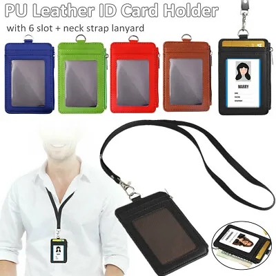 Vertical Leather ID Card Holder Badge Wallet Pocket W/6 Slot Neck Strap Lanyards • $5.08