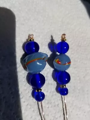 Lot Of 2 HATPINS Vtg. Haskell Japanese Cobalt And Lampwork Beads End Protector  • £9.63