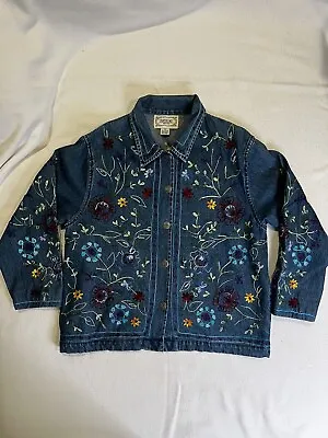 Vintage Tantrums Embroidered Floral Lightweight Denim Jacket Button Up Sz PM • $24.99