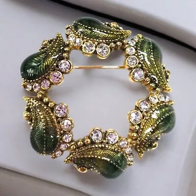 Vintage Monet Green Enamel Paisley Brooch Rhinestone Circle Wreath Gold Tone  • $42