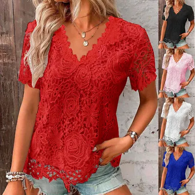 Ladies Lace V Neck Blouse Shirts Short Sleeve Summer Tops Casual T-shirt Size 24 • £9.79