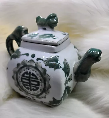 Vintage Authentic Asian Oriental Teapot With Lid Bamboo Green Ceramic Glazed  • $25