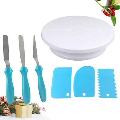 7 PCS/Set Rotating Cake Stand Baking Decorating Kit Icing Smoother Leveler Pad • £19.65