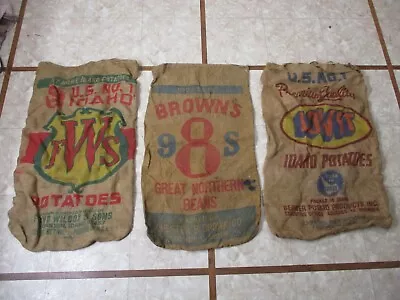 Vintage Burlap Bags Sacks Idaho Potatoes Great Northern Beans Set Of 3 • $35.99