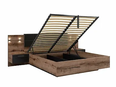 King Size Bed Frame LED USB Bedside Lift Up Storage Luxury Euro Oak Black Kassel • £999.95
