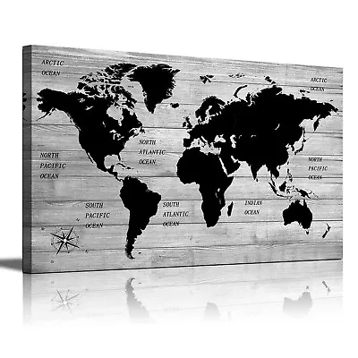 Living Room Wall Art Black And White Grey World Map Large Size Wood Grain Map... • $91.98
