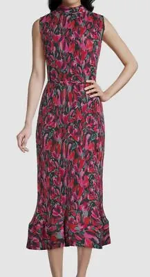 $450 Milly Women's Red Floral Self-Tie High Neck Melina Midi A-Line Dress Size 2 • $144.38