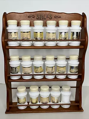 VTG 3-Tier Wood Spindle SPICES Rack W/17 White Milk Glass Shaker Spice Jars Gold • $65