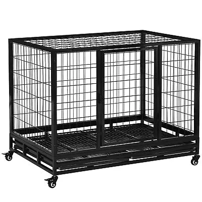 PawHut Metal Kennel Cage With Wheels And Crate Tray For Pet Dog Large Black • £104.99