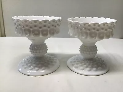 2 Vintage Fenton Milk Glass Hobnail 2-Piece Candle Stick Holder • $25