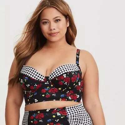 Torrid Gingham Floral Black Red Underwire Long Line Bikini Top Size 2 (2X) • £32.36