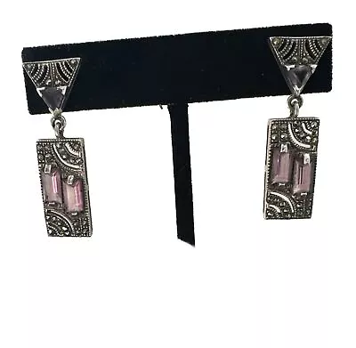 Amethyst Sterling Earrings Marcasite Art Deco Nouveau Dangle Silver 925 Vintage • $54.99