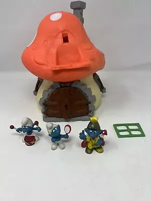 Vintage 1976 SMURFS MUSHROOM HOUSE Incomplete With Three Smurf Figures • $30