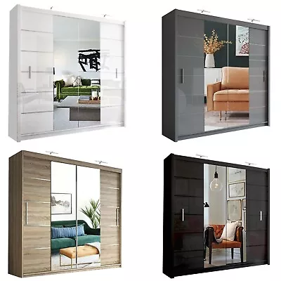 Modern Double Sliding Door Wardrobe Center Mirror LISBON 2 COLOURS - 3 SIZES • £399