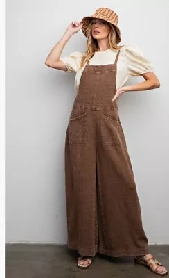 EASEL Brand Faded Mineral Wash Jumpsuit Overalls Wide Leg Chocolate Brown Large • $54