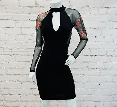 French Atmosphere Bodycon Dress Small S Black Mesh Floral Sleeves Cut-Out Sexy • $10.99