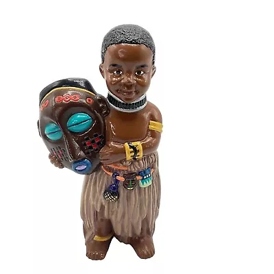 Hand Painted Ceramic African Tribal Figurine Boy Holding Mask • $18.50