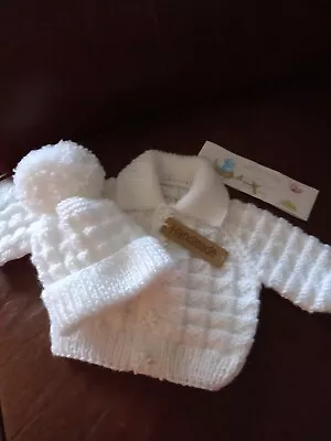 Hand Knitted Baby Cardigan & Hat Set WHITE  0-3months  NEW • £6.95