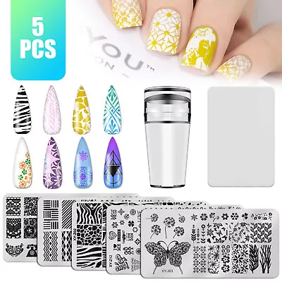 5PCS DIY Clear Silicone Nail Art Stamping Template Kit Plate Stamper Scraper Set • $10.48