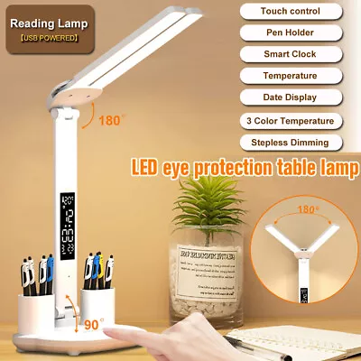 LED Desk Lamp Bedside Dimmable Study Reading Table Light USB Ports & Pen Holder • $30.79