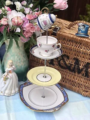 Vintage Mis Matched Blue & Yellow Tones Mad Hatter Cake Stand & Mini Teapot • £25