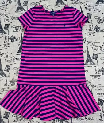 Polo Ralph Lauren Girls Size XL (16) Pink Navy Blue Stripe Polo Dress Navy Horse • $14