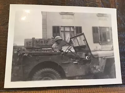 Original Wwii Gi Photo Gi In Jeep W/ Metz Sign - 12/44 • £93