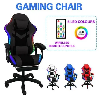 $148 • Buy Gaming Office Chair With LED Rim PU Leather Massage Pillow Footrest
