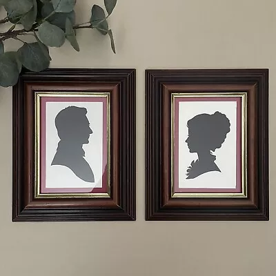 Pair Of Framed Hand Painted Silhouettes In Vintage Wooden Frames Cameo Portraits • £42