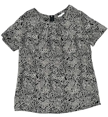 PLEIONE Black Floral Blouse Women Size MEDIUM Short Sleeve Top Shirt USA • £11.56