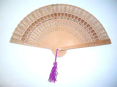 $24.65 • Buy Vintage Chinese Sandalwood Fan Carved Burned Openwork With Tassel And Box